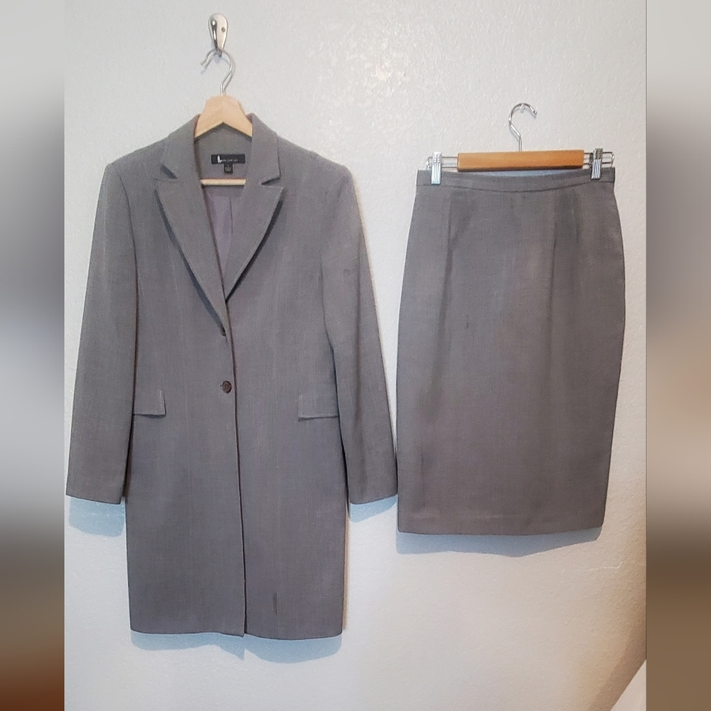 Larry Levine Suit Long Twill Coat Blazer & Skirt Set Classic Tailored Skirtsuit